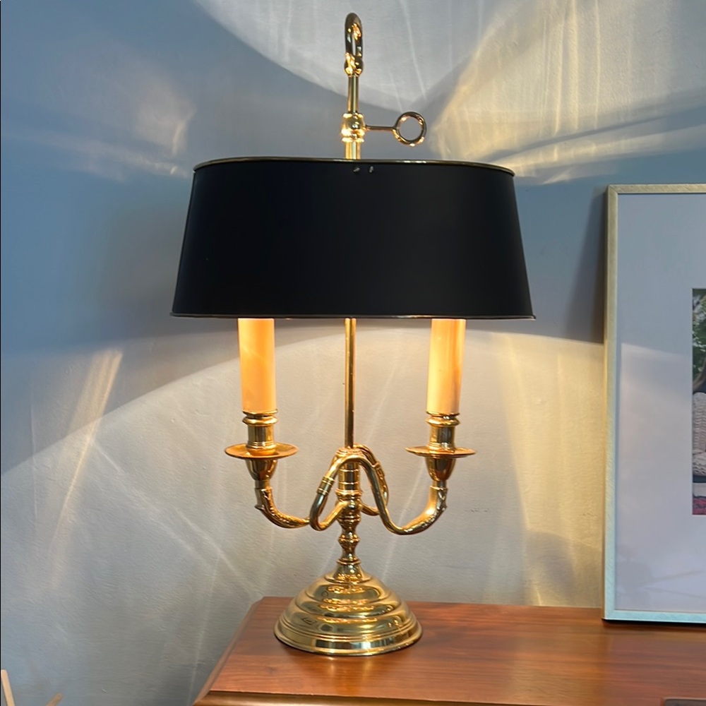 Serpentine Bouillotte Two-Arm Candlestick Lamp with a black shade